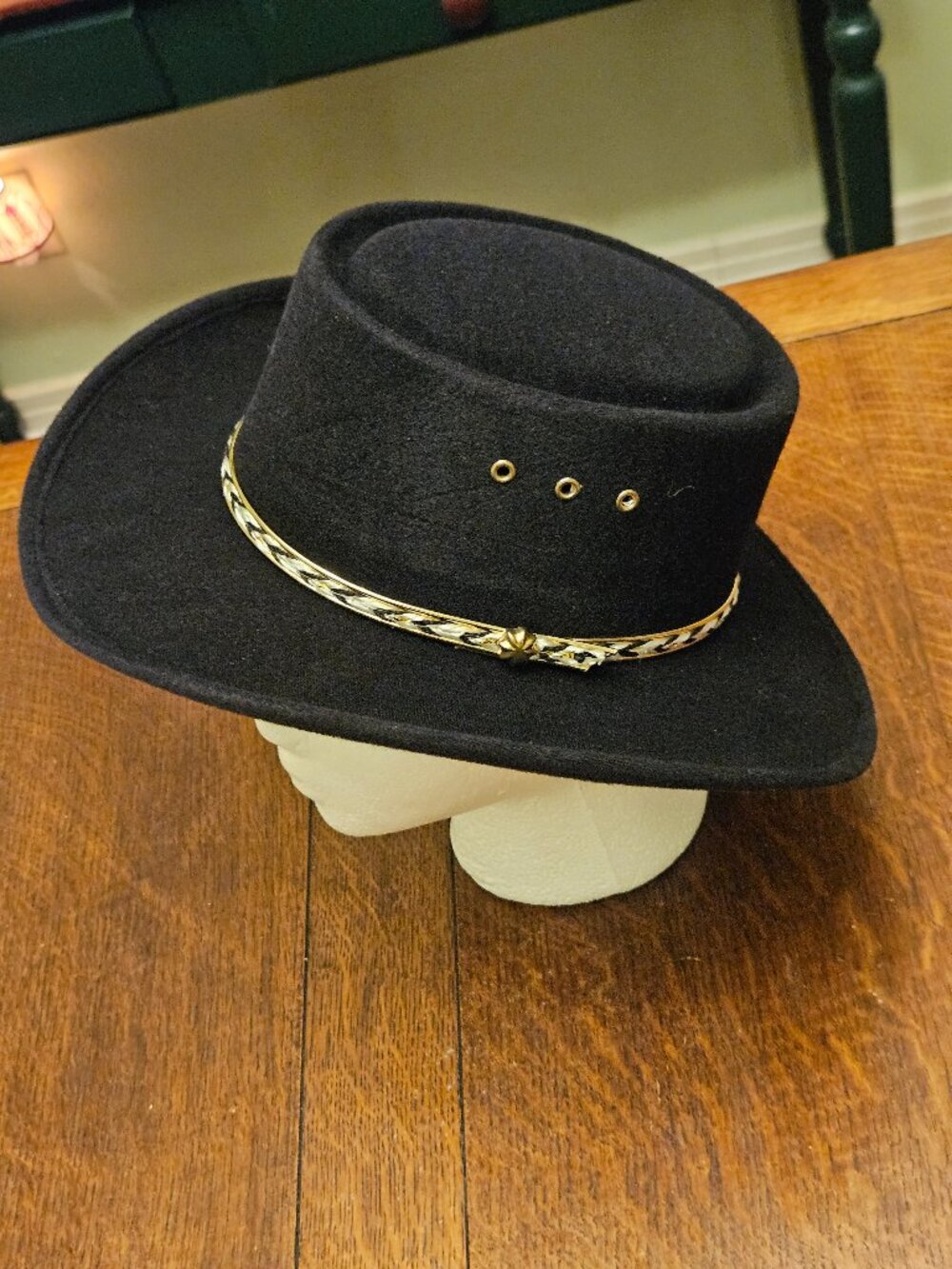 Summit Black Wool Cowboy Hat Size 6 3/8. Black & White braid with Gold Trim.